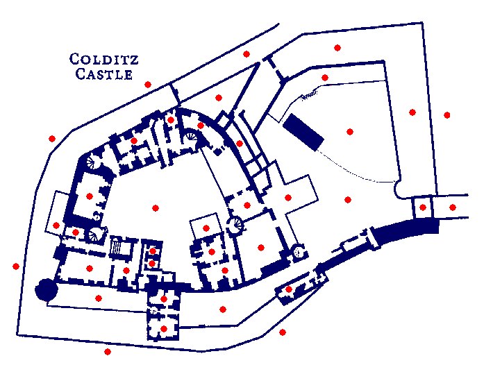 Map of Colditz Castle (Position your pointer over yellow markers for a description)